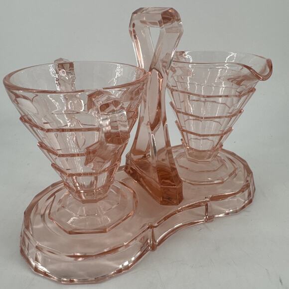 Creamer & Sugar w/Tray Set Pink Depression Indiana Glass Tea Room Horizontal Rib - Picture 1 of 16